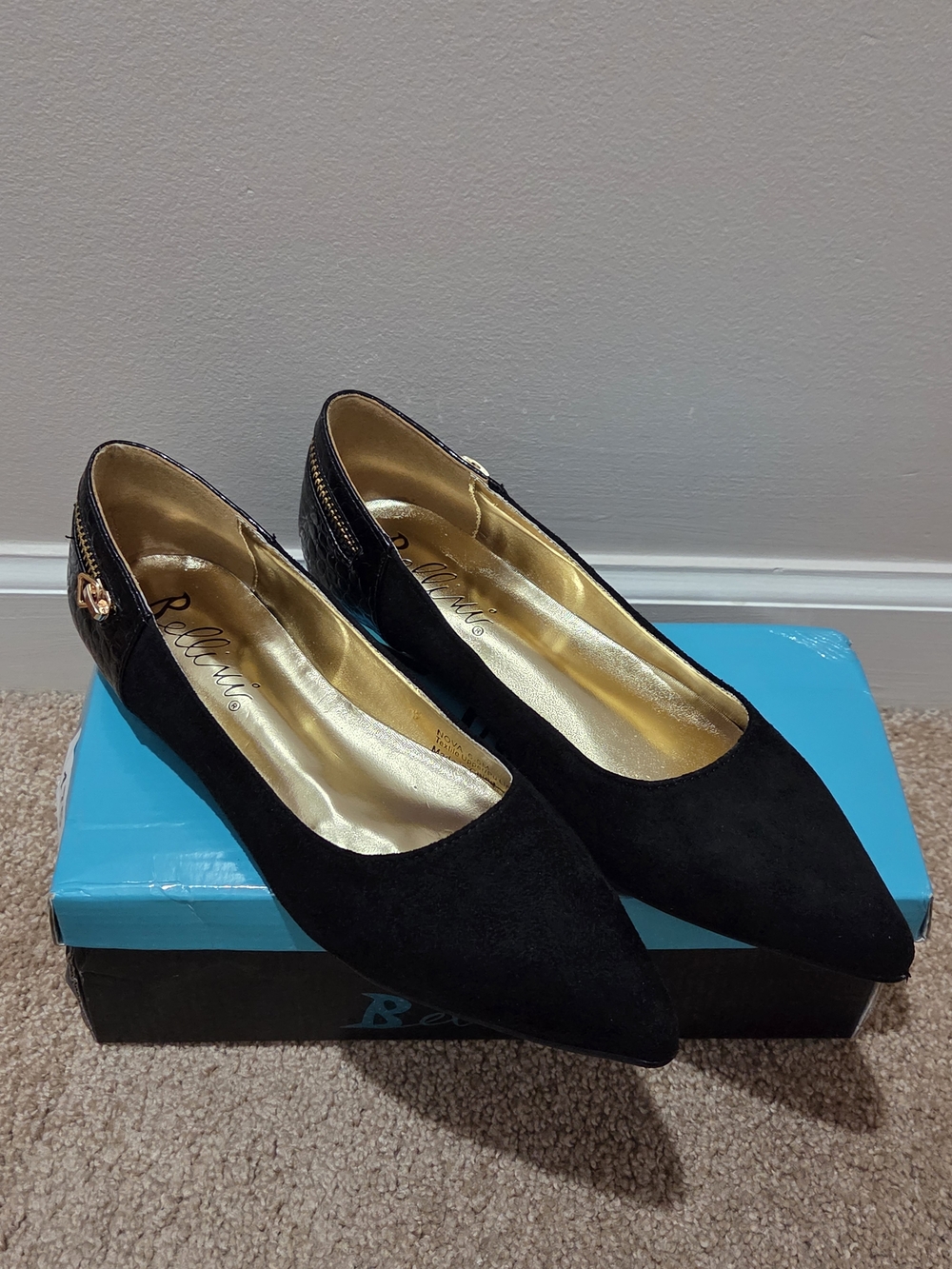 Bellini Black Pointed Flats with Gold Interior